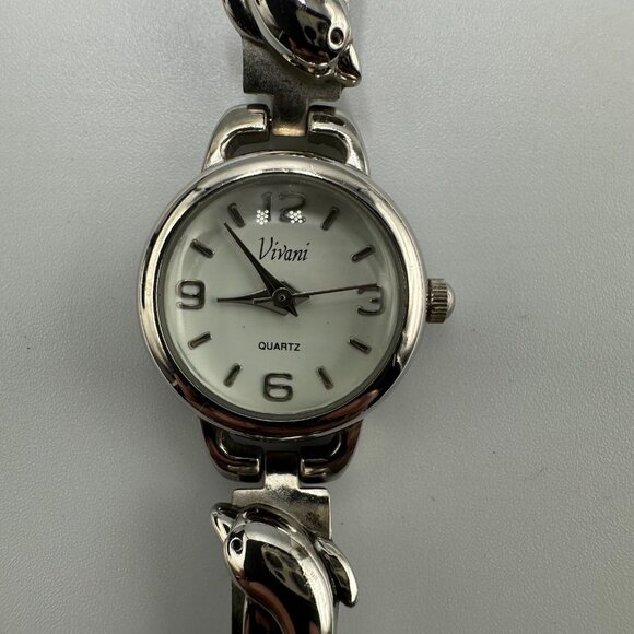 Vivani Watch Women Silver Tone Dolphin Metal Band New Battery 6.5 Inch - Picture 1 of 14